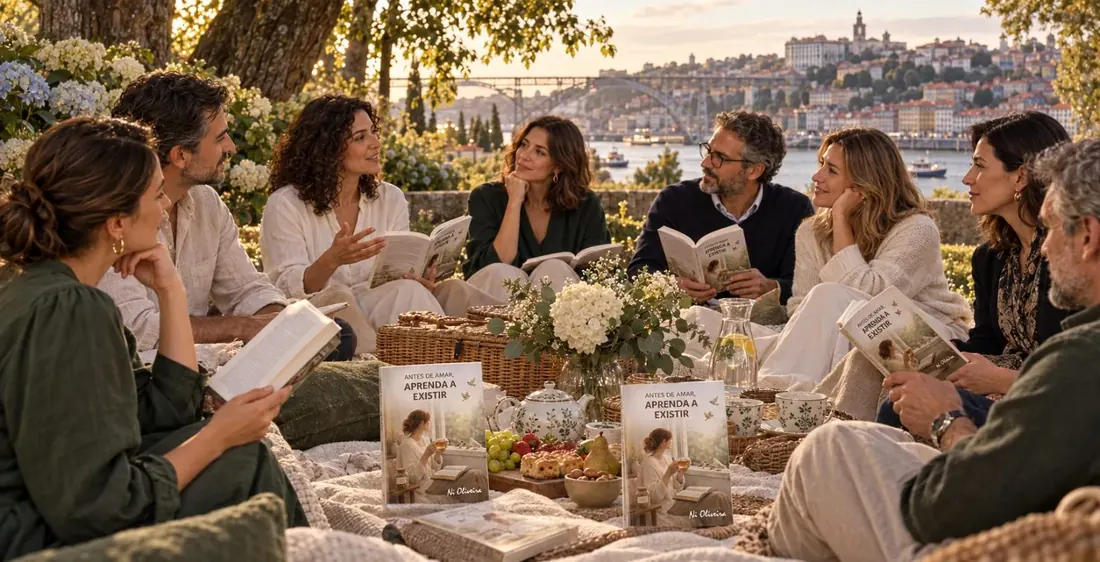 Piquenique ANTES: adultos lendo e conversando ao ar livre no Porto